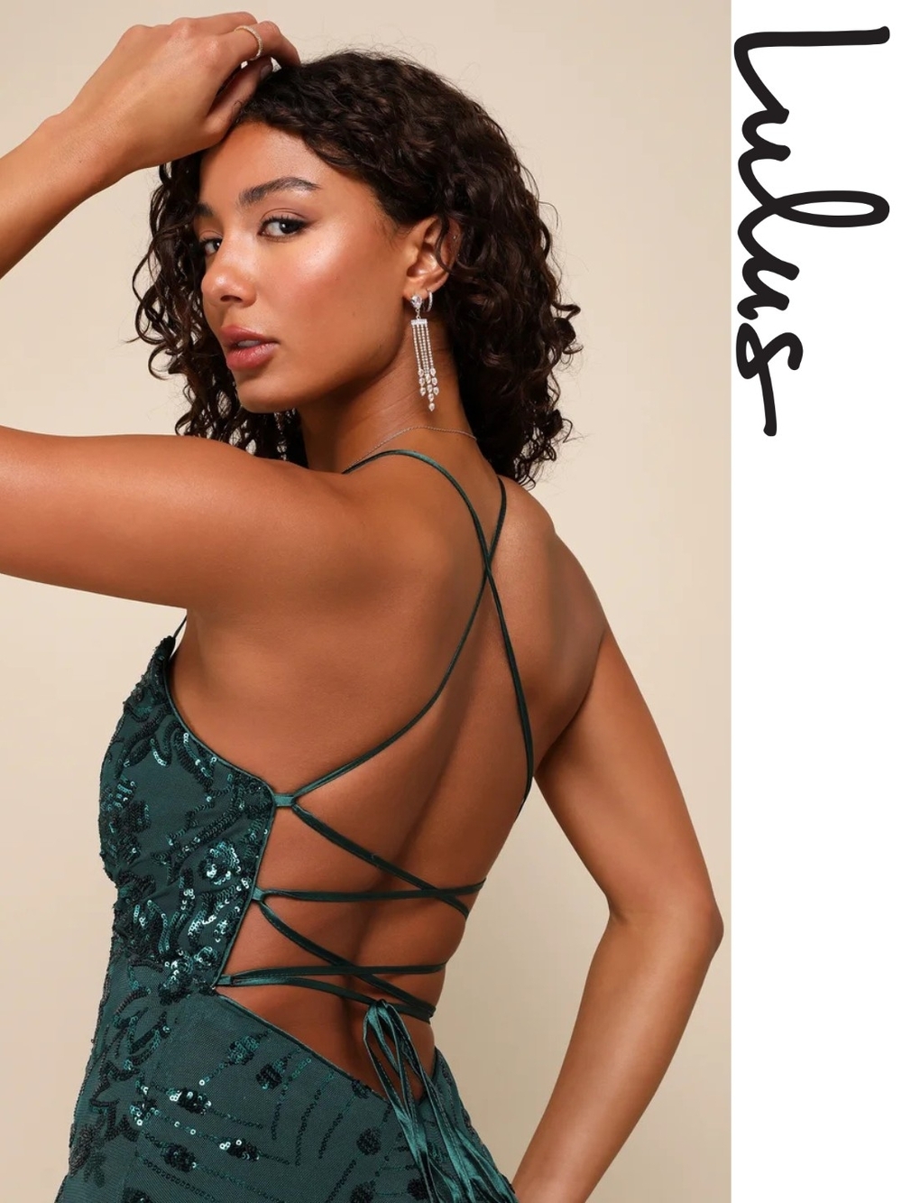 Lulu's - Photo Finish Forest Green Sequin Lace-Up Maxi Dress